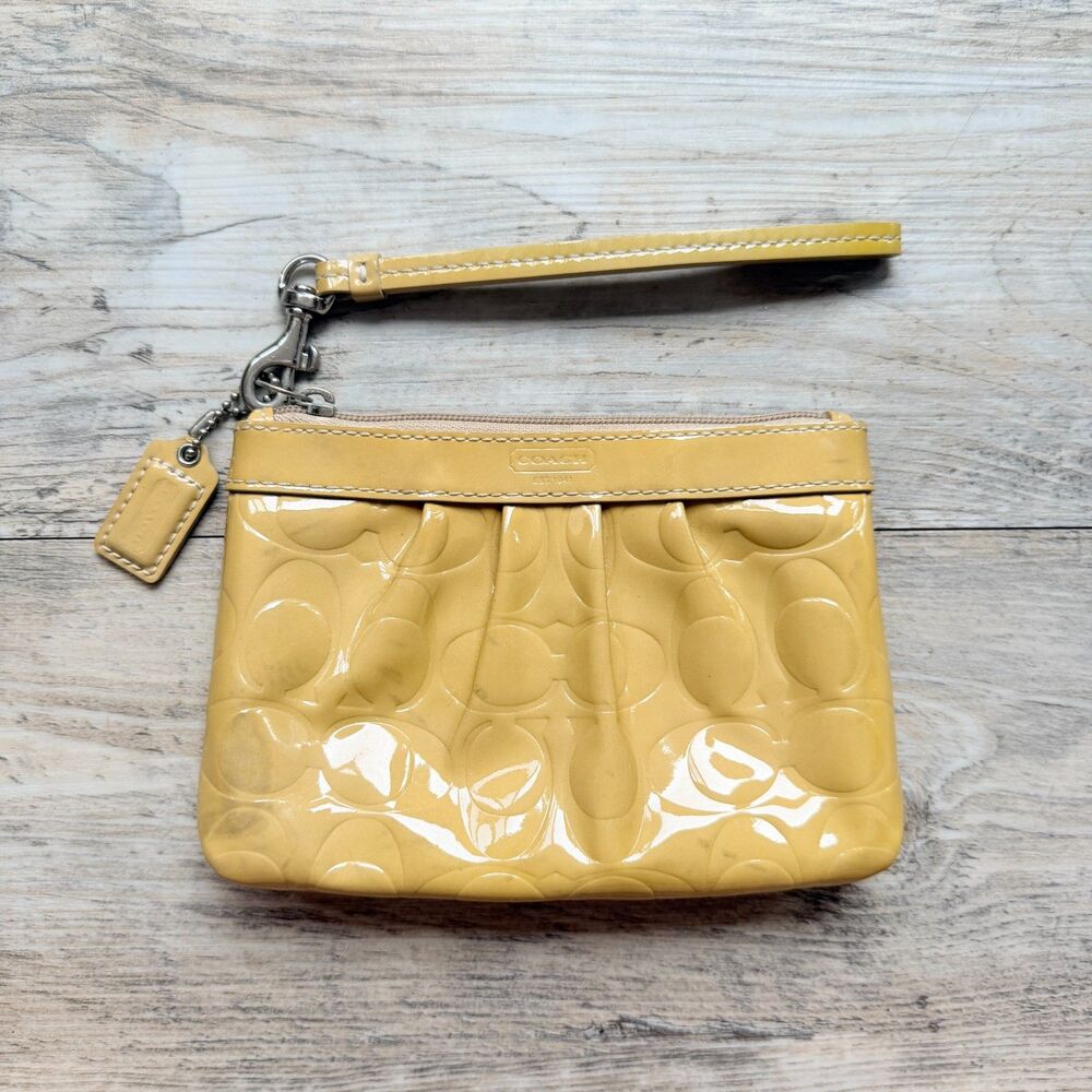 Coach Signature Patent Leather Wristlet Yellow Pleated C Logo Y2K Pouch